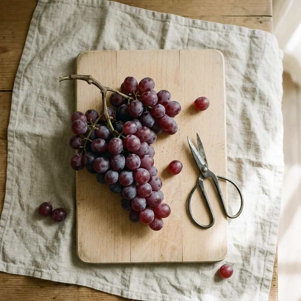 How to store Grapes - A bunch of red grapes on a beech board with a few loose berries and small scissors.