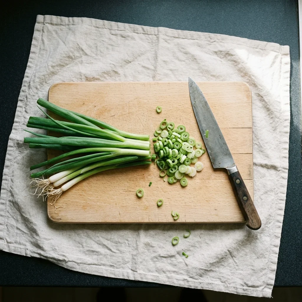 How to store green Onions - A bunch of green onions on a beech board, some whole and some sliced into thin rings.
