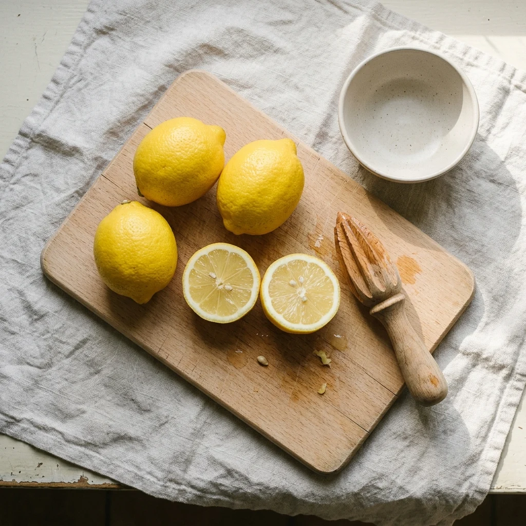 How to store lemons -Three whole lemons and one cut in half on a beech board, with a wooden reamer beside them.