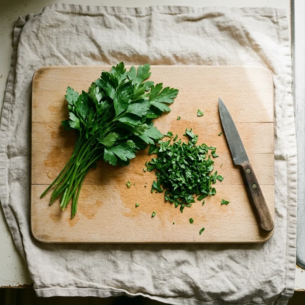 How to Store Parsley - A bunch of flat-leaf parsley on a beech board with a small heap of chopped leaves and a knife beside it.