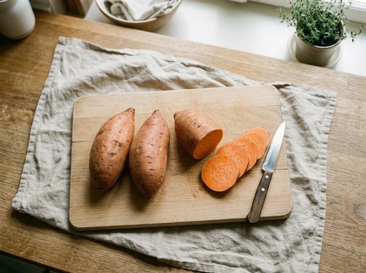 how to store sweet potatoes -sweet potatoes on a beech board, one cut across to show deep orange flesh.