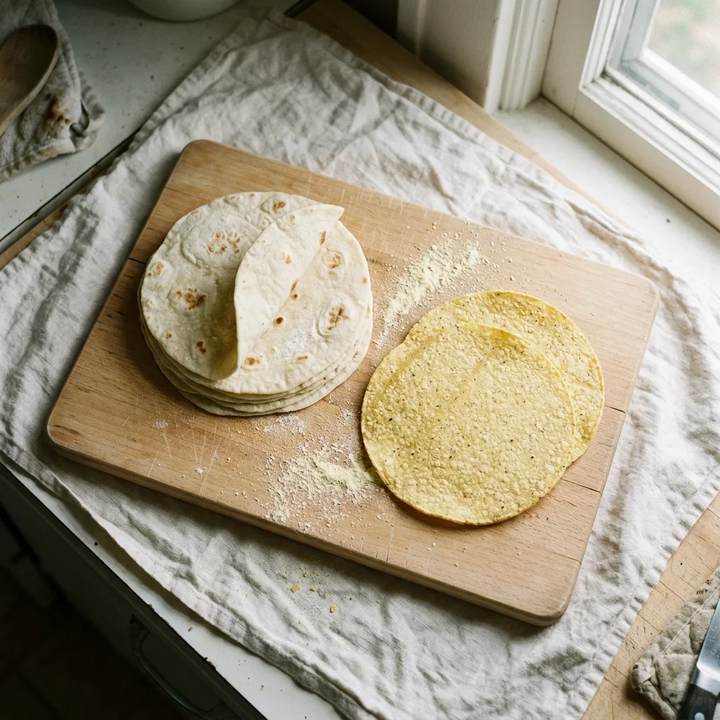 How to Store Tortillas - A stack of soft flour tortillas on a beech board with two corn tortillas fanned out beside it.