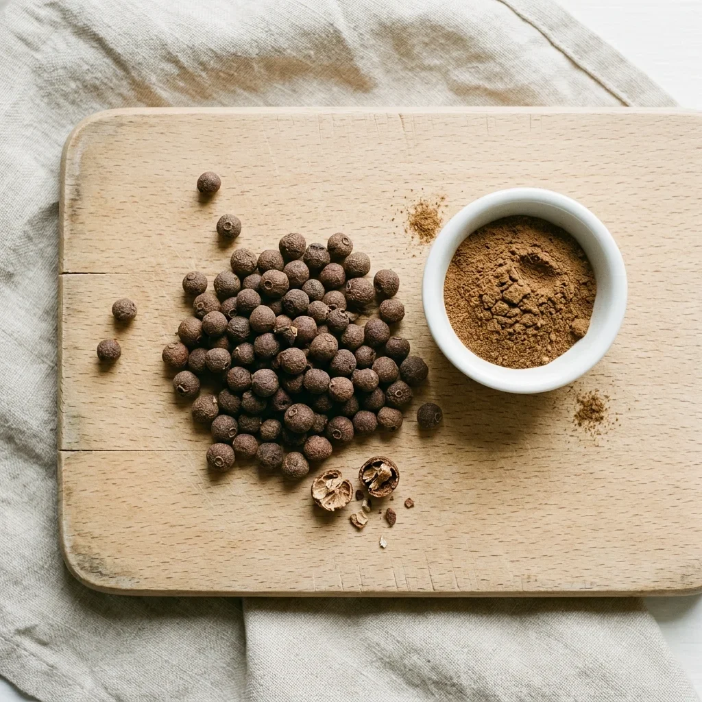 How to Store Allspice - A small heap of whole allspice berries beside a spoonful of ground allspice on a beech board