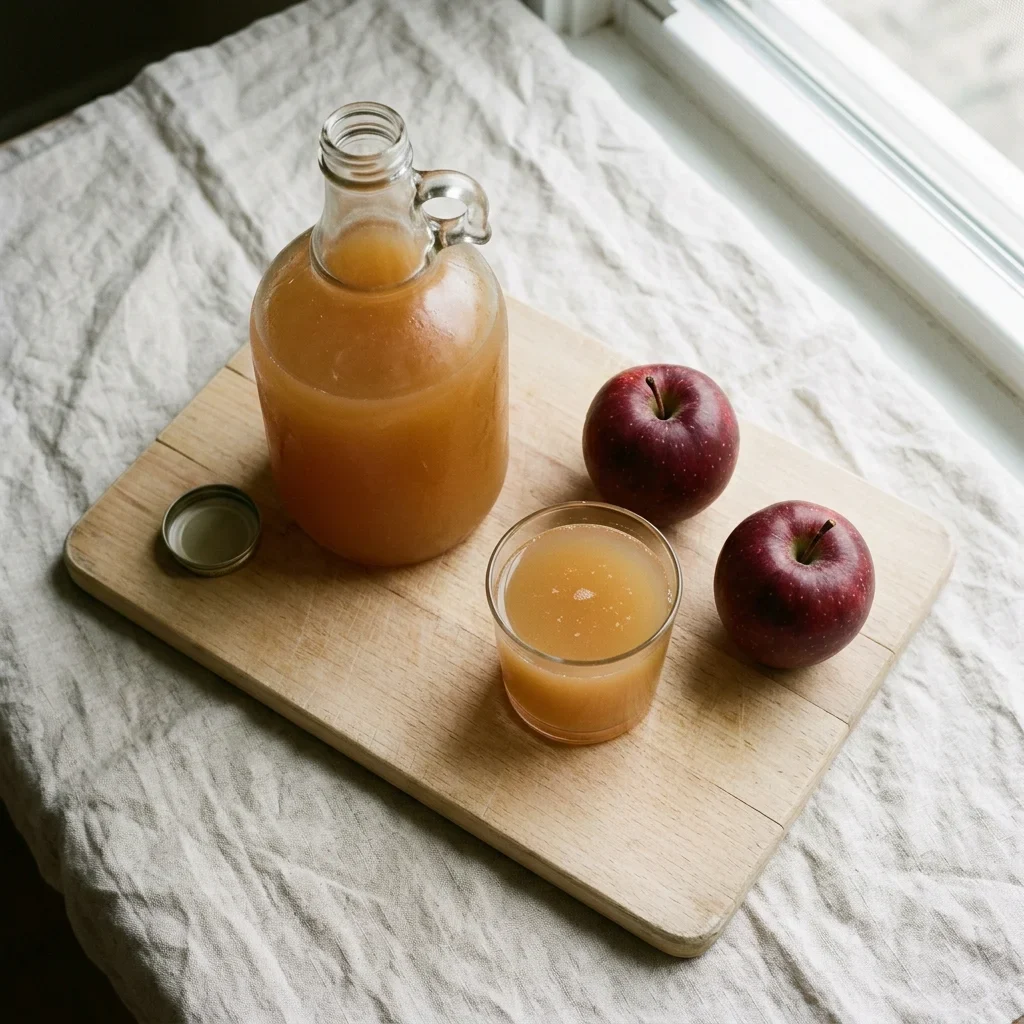 How to Store Apple Cider - A plain glass jug of cloudy apple cider on a beech board with a filled glass and two red apples beside it