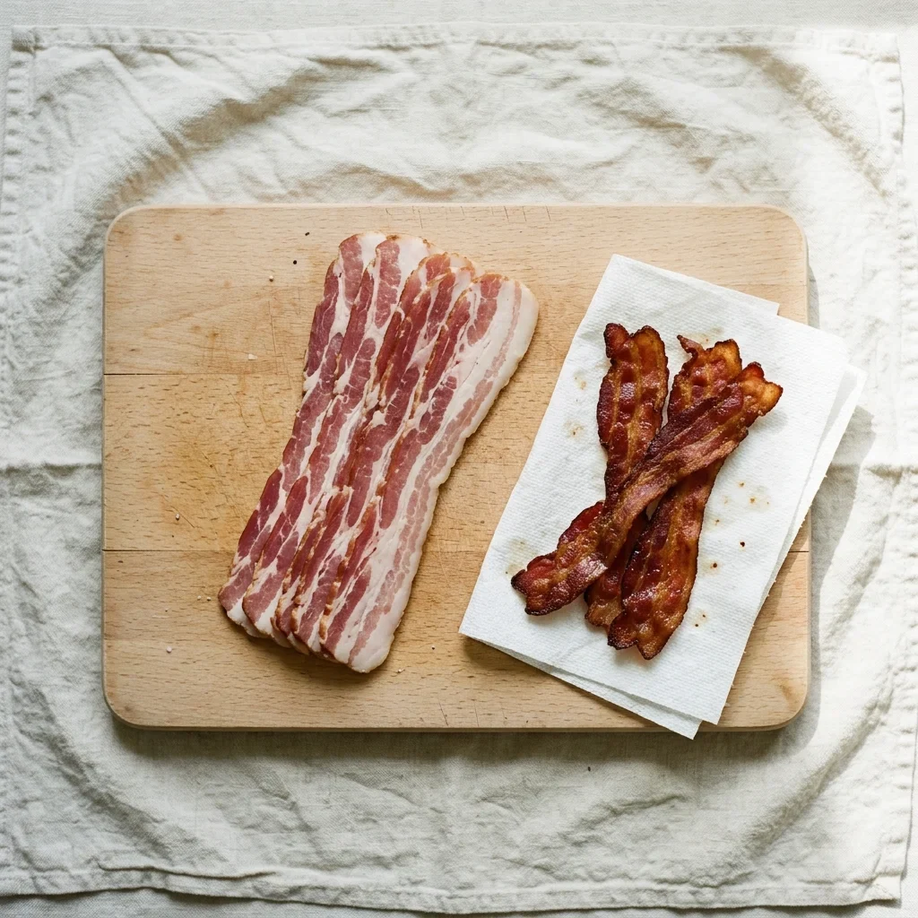 How to Store Bacon - Raw bacon strips with pink meat and white fat fanned out on a beech-wood board
