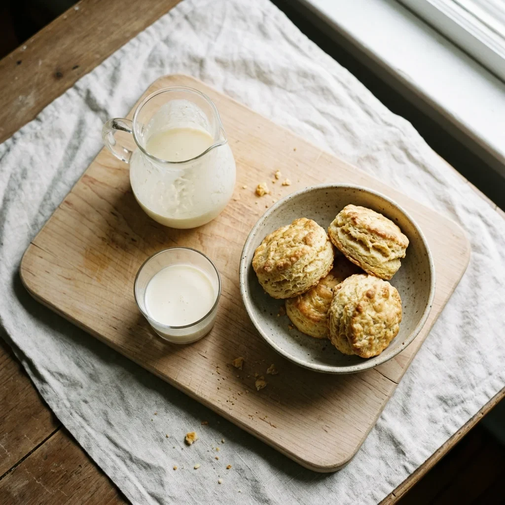 How to Store Buttermilk - A glass jug of buttermilk beside a bowl of buttermilk biscuits on a beech-wood board