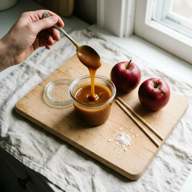How to Store Caramel Sauce - A jar of amber caramel sauce on a beech-wood board with apples and wooden sticks