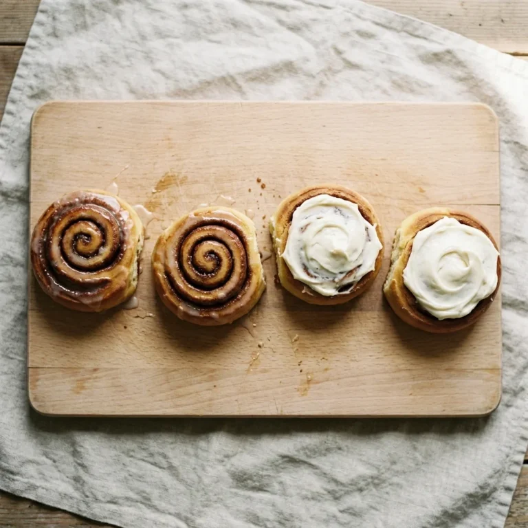 How to Store Cinnamon Rolls - Four cinnamon rolls on a beech board, two glazed and two under thick white cream cheese frosting