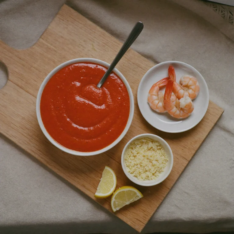 A bowl of cocktail sauce with shrimp, grated horseradish and lemon wedges on a beech-wood board