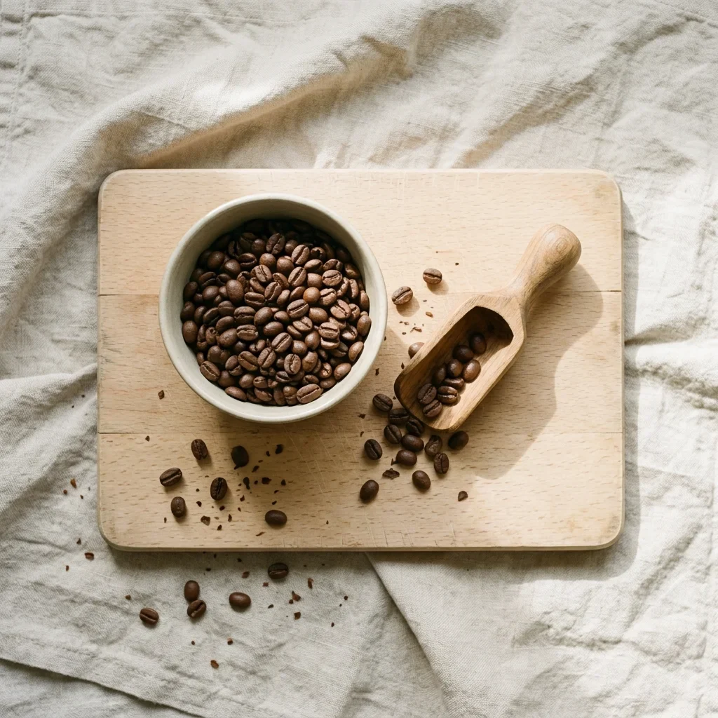 Roasted coffee beans in a small bowl and scattered on a beech-wood board