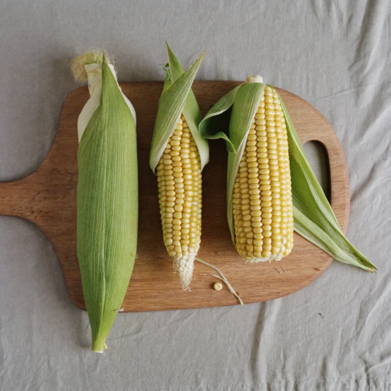 How to store corn on the cob - Three ears of corn on the cob, one in the husk and one half-shucked, on a beech board