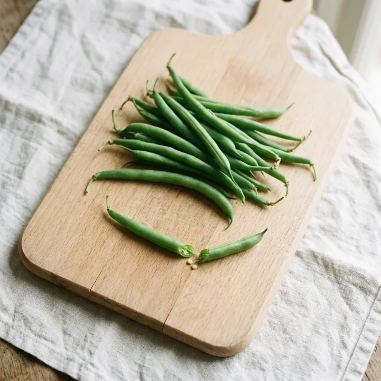 How to Store Green Beans - A loose pile of fresh green beans on a beech board with one pod snapped in half beside them