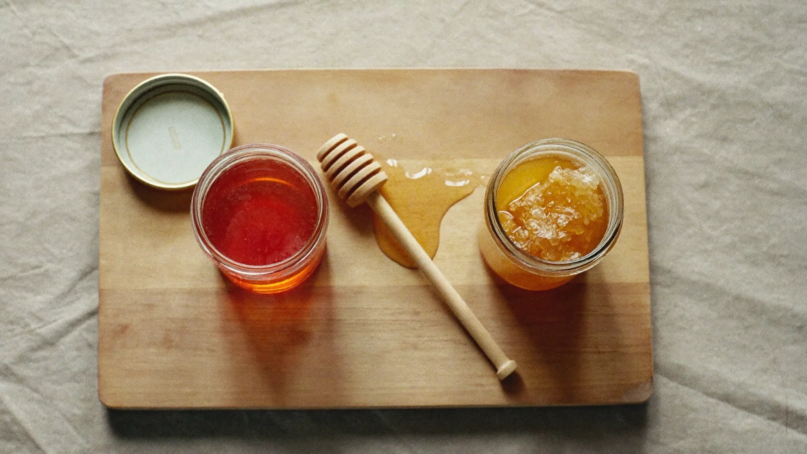 How to Store Honey - A sealed glass jar of clear amber honey beside a set, crystallized jar on a beech board