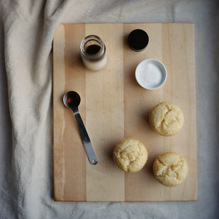 A plain bottle of imitation vanilla with a measuring spoon, sugar and cupcakes on a wooden board