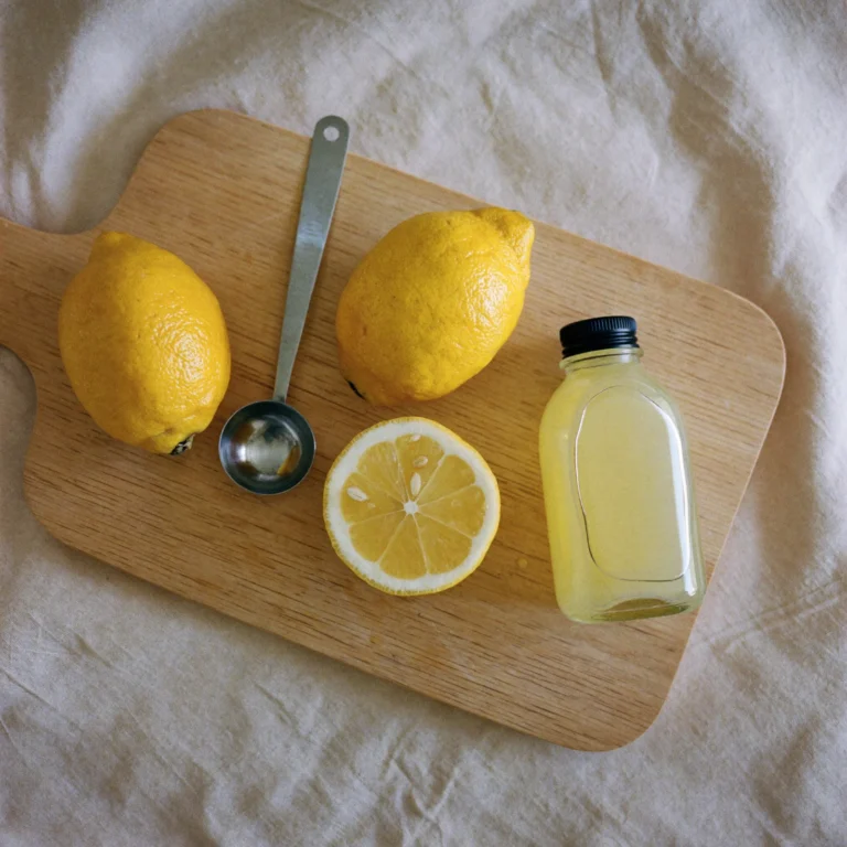 How to store lemon extract - small bottle of lemon extract on a beech-wood board with two lemons and a measuring spoon