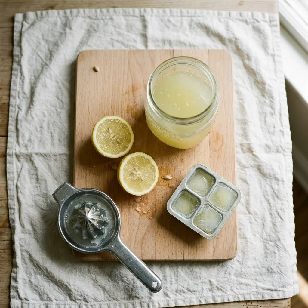 How to Store Lemon Juice - A glass jar of fresh lemon juice on a beech-wood board with halved lemons and an ice cube tray