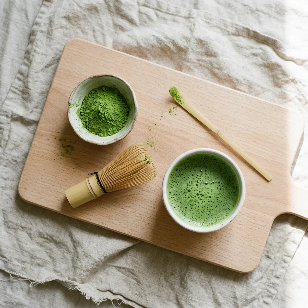 How to Store Matcha Powder - Bright green matcha powder in a small bowl with a bamboo whisk on a beech-wood board