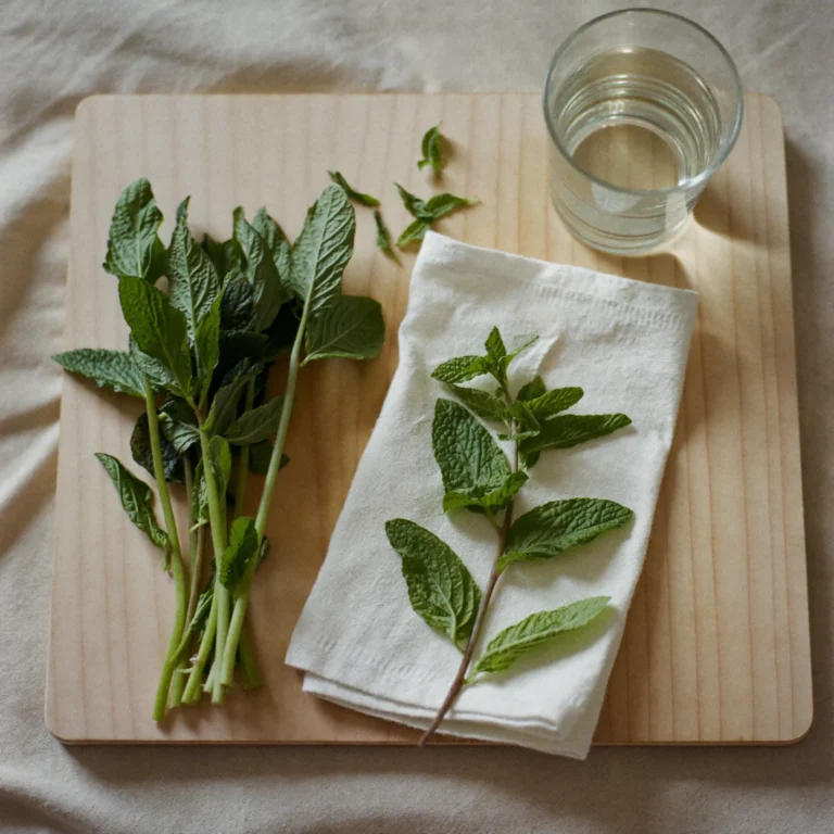 How to store mint - Fresh mint sprigs on a beech-wood board beside a damp cloth and a glass of water
