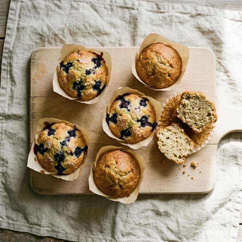 How to Store Muffins After Baking -Homemade blueberry and banana muffins on a beech-wood board