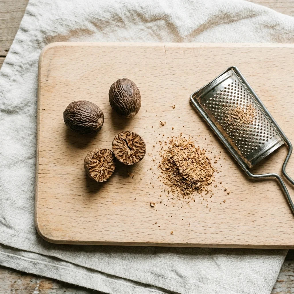 How to Store Nutmeg - Three whole nutmegs and a small heap of freshly grated nutmeg on a beech board with a fine grater