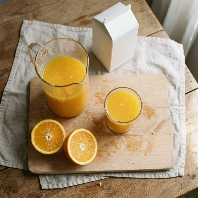 A glass pitcher of orange juice on a beech-wood board with halved oranges and a filled glass