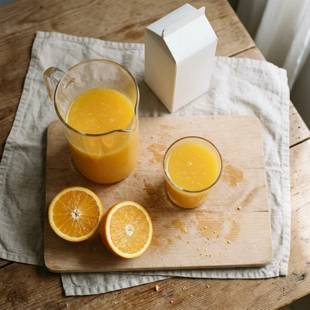 A glass pitcher of orange juice on a beech-wood board with halved oranges and a filled glass