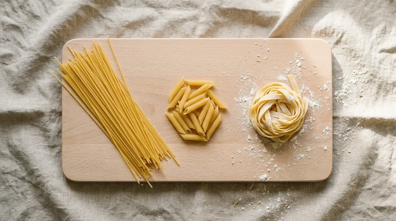How to Store Pasta - Dry spaghetti, penne and a nest of fresh egg pasta on a beech board