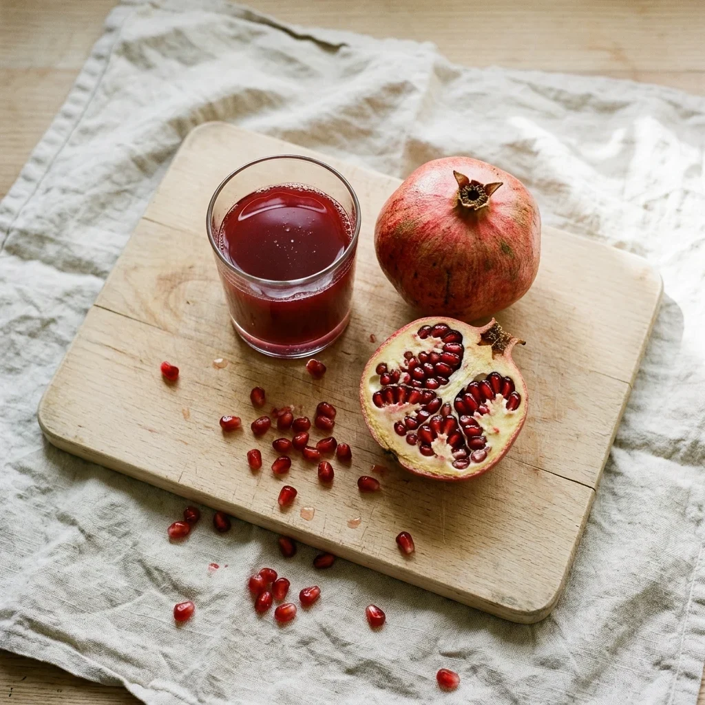 A glass of deep red pomegranate juice on a beech-wood board with a halved pomegranate and loose arils
