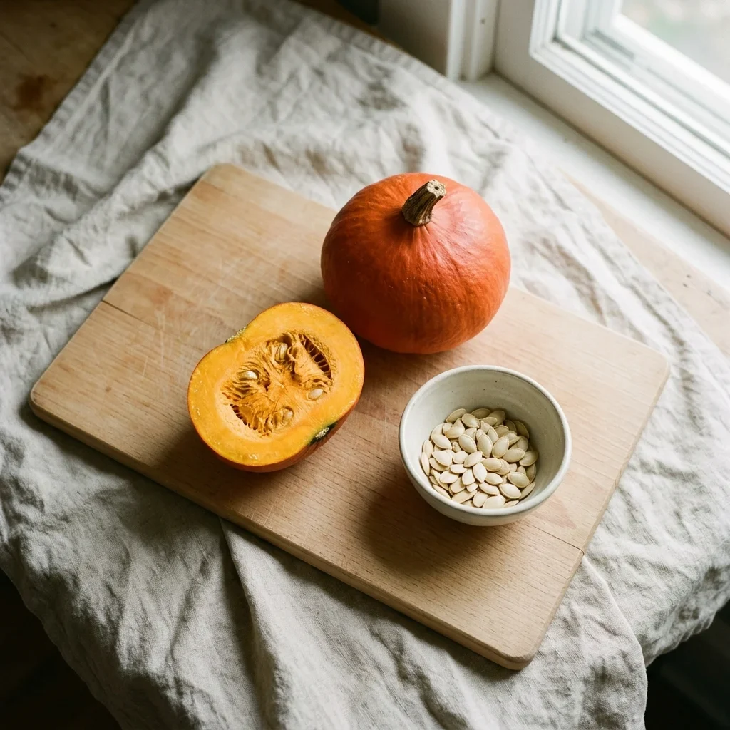 How to Store Pumpkin - A whole sugar pumpkin with its stem on beside a cut half and a bowl of pumpkin seeds on a beech board