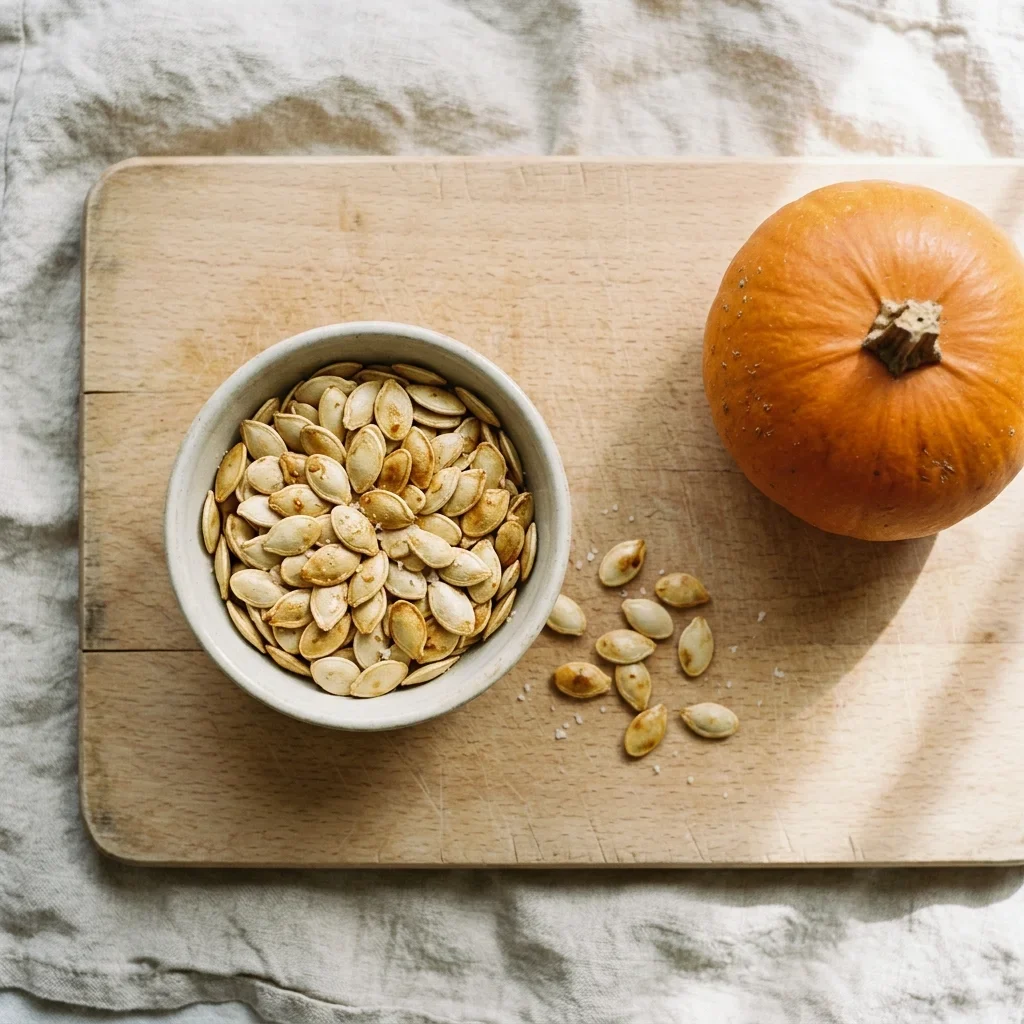 How to Store Roasted Pumpkin Seeds - Golden roasted pumpkin seeds in a small bowl on a beech-wood board