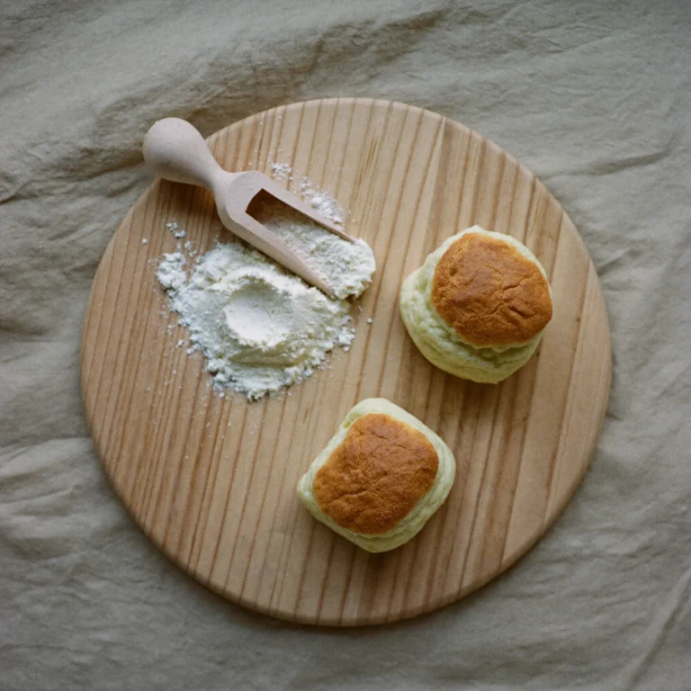 Does self-rising flour go bad Self-rising flour with a wooden scoop beside two baked biscuits on a wooden board