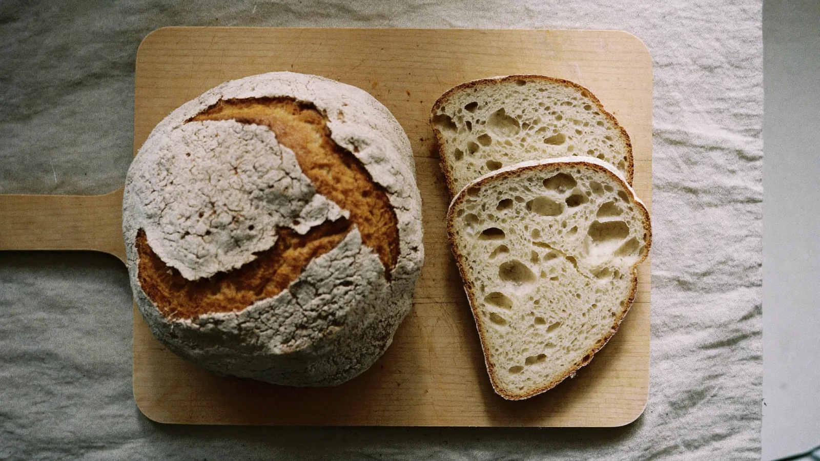 How to Store Sourdough Bread - a crusty sourdough boule on a beech-wood board with two thick slices cut from the middle
