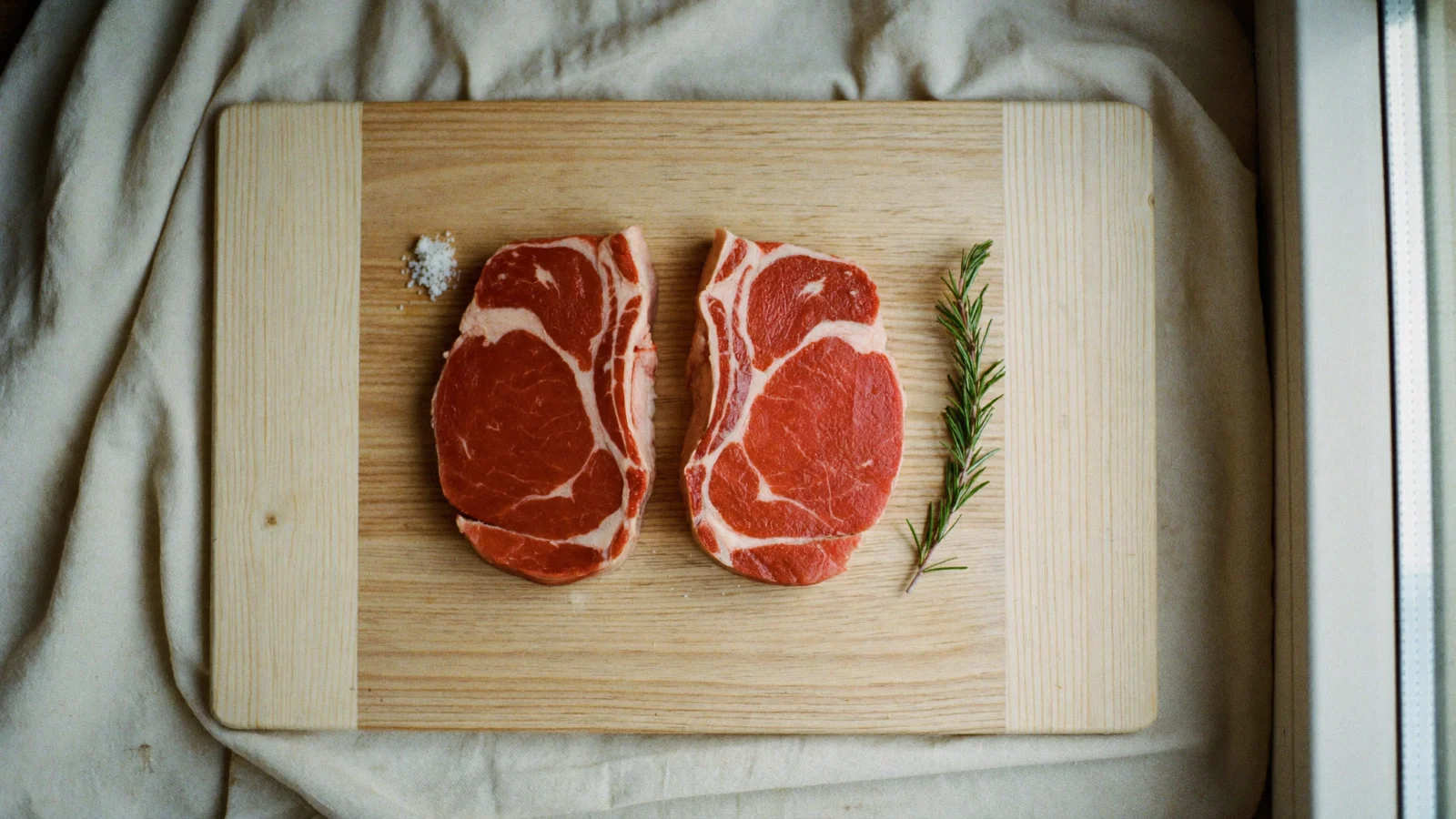 How to Store Steak - Two raw ribeye steaks with bright red meat and white marbling on a beech-wood board