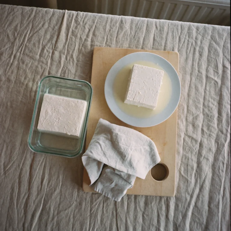 How to Store Tofu - a block of tofu on a plate and a second block in a glass container of water on a beech-wood board