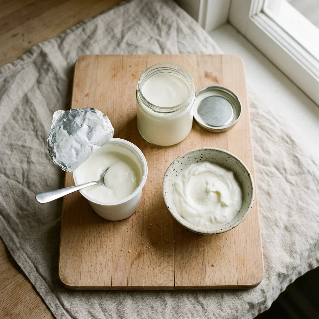 How to Store Yogurt - An open tub of plain yogurt with a spoon, a bowl of thick yogurt and a jar of set yogurt on a beech board