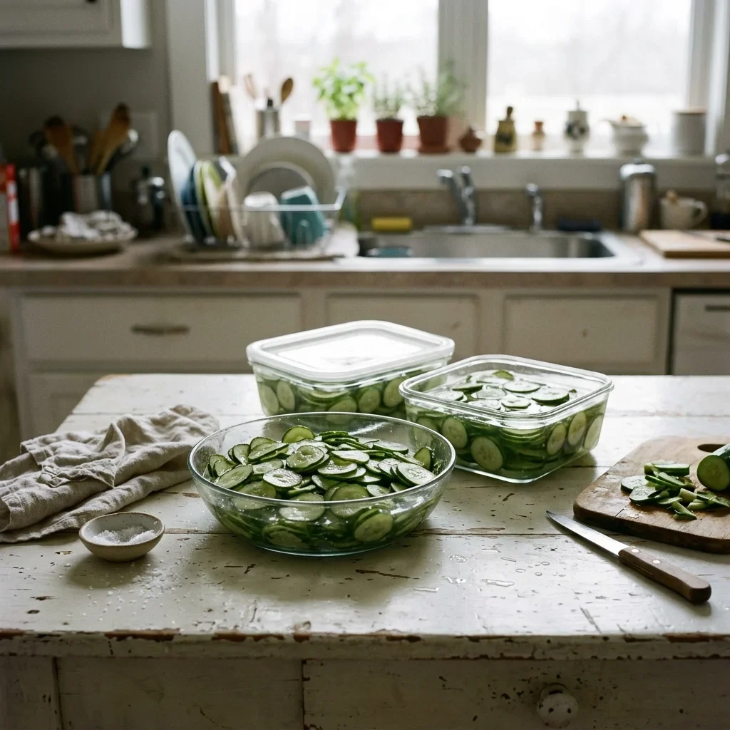 How to store Cucumbers - Cucumber slices in brine in two plain freezer containers beside a bowl of salted slices.