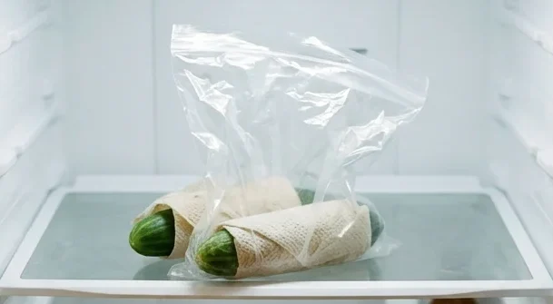 How to store Cucumbers - Two cucumbers wrapped in paper towel inside a bag on an upper fridge shelf, the place to store cucumbers so they keep.