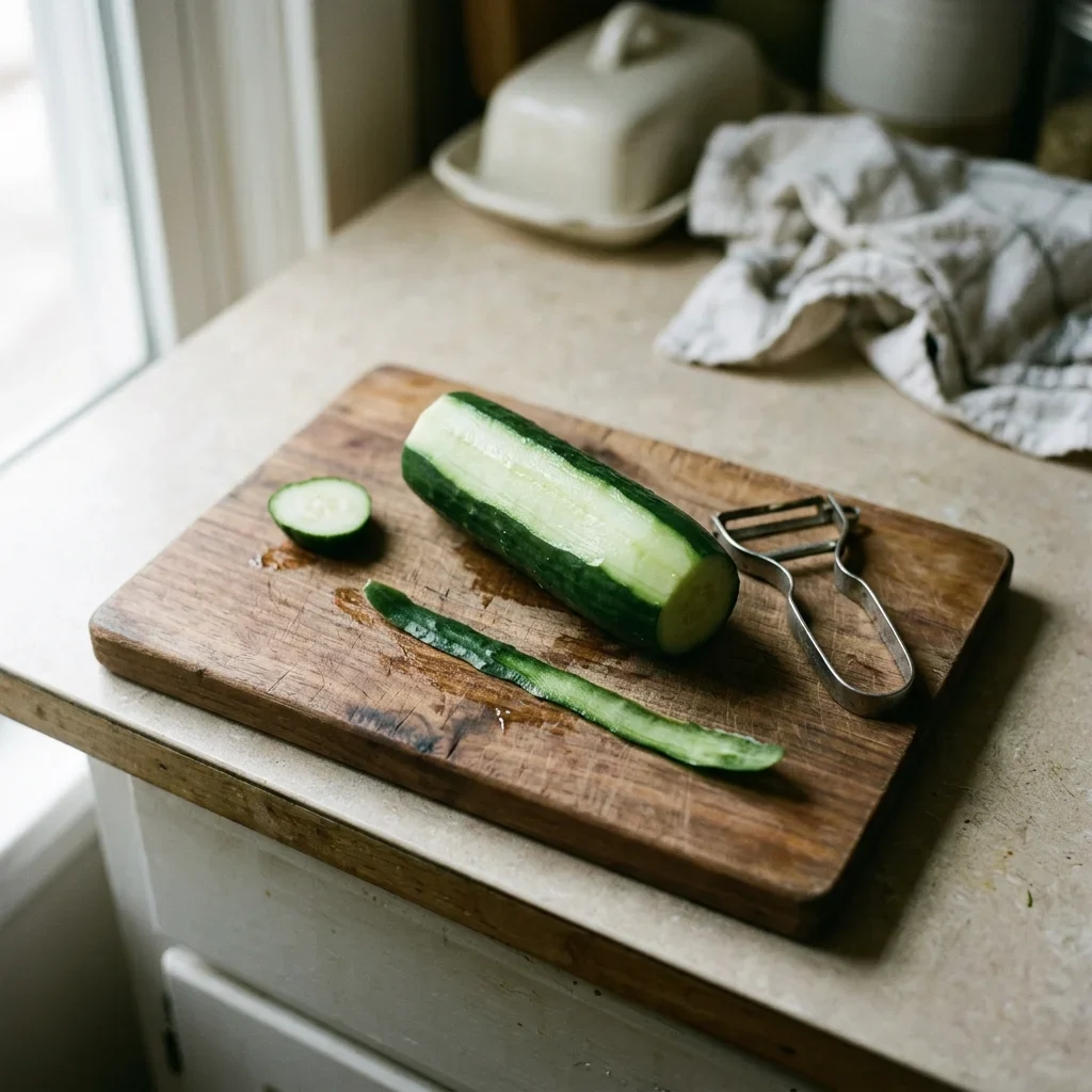 How to store Cucumbers - A cucumber with its stem end sliced off and a strip of skin peeled away beside it.