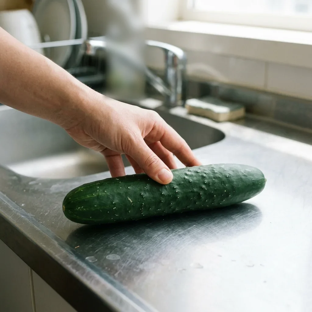 How to store Cucumbers - A hand pressing a firm, deep green cucumber on a steel counter, the skin taut and not giving.