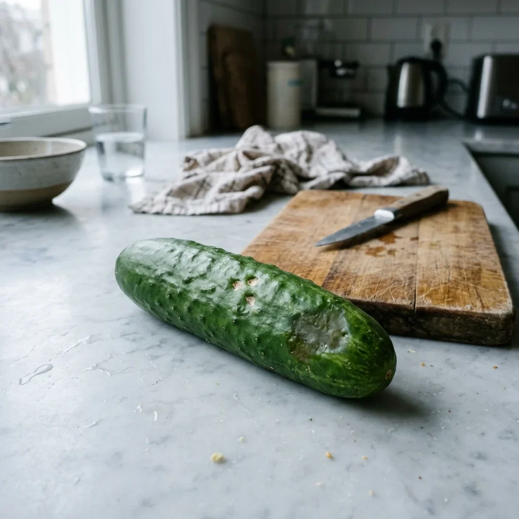 How to store Cucumbers - A cucumber with a few shallow sunken pits and one dull, wet-looking patch of skin.