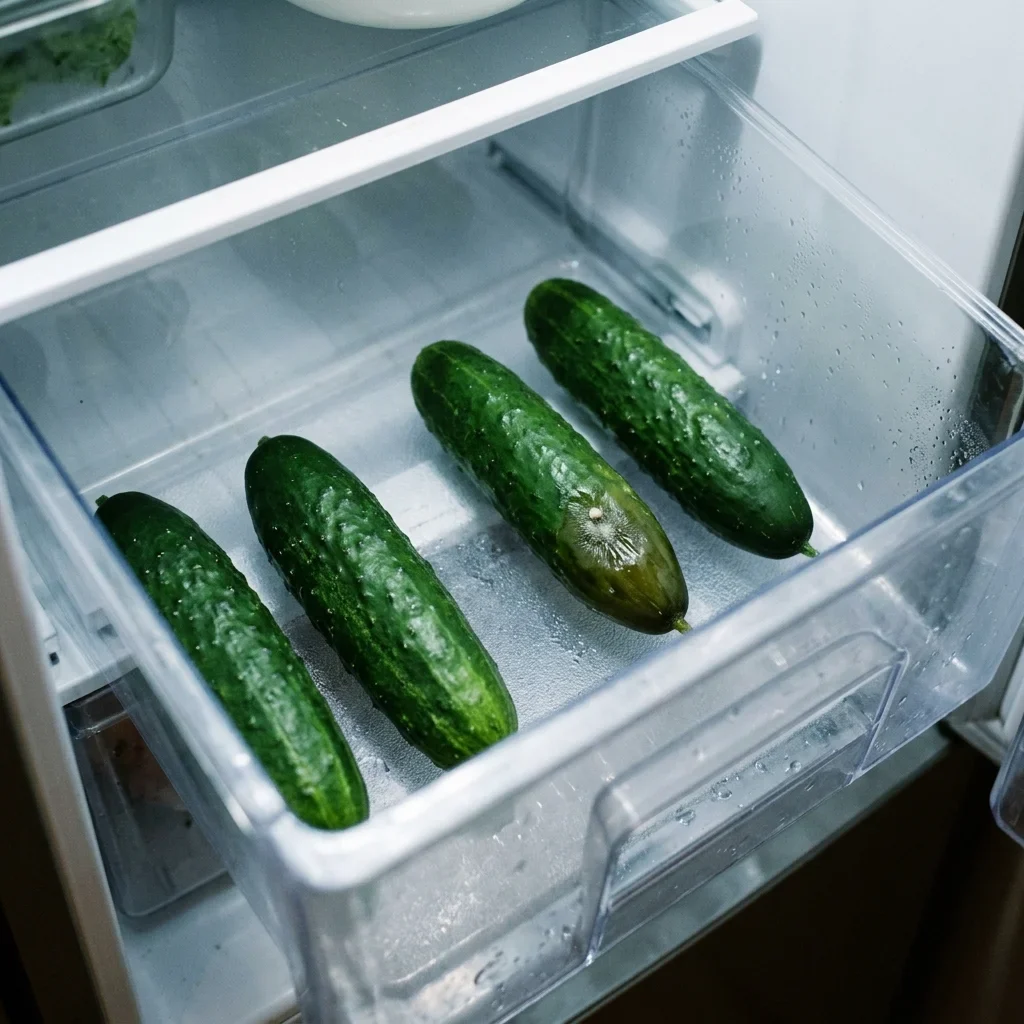How to store Cucumbers - Cucumbers in a fridge drawer, one with a soft dark slick patch and a speck of pale mold.
