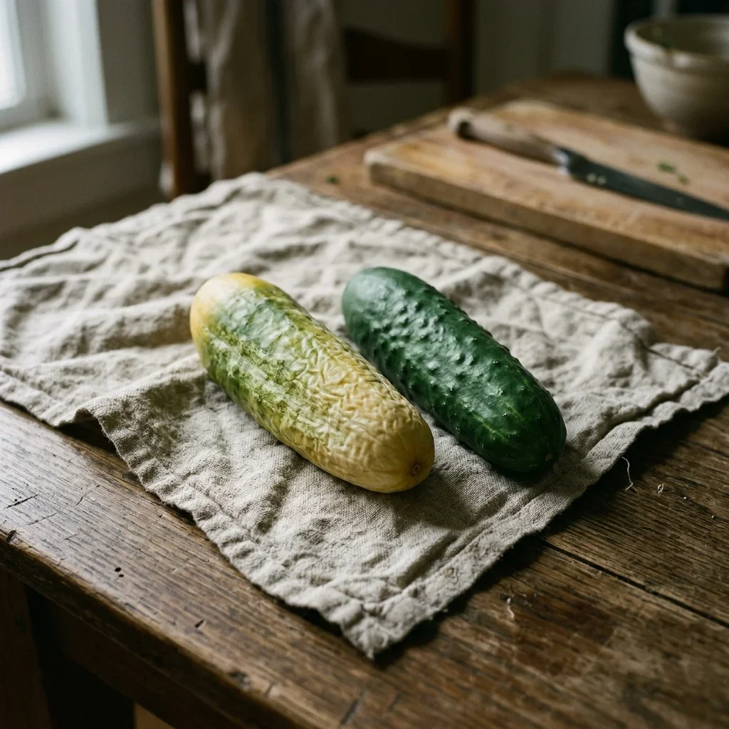 how to store cucumber - A cucumber gone pale yellow and finely wrinkled beside a firm green one on a linen cloth.