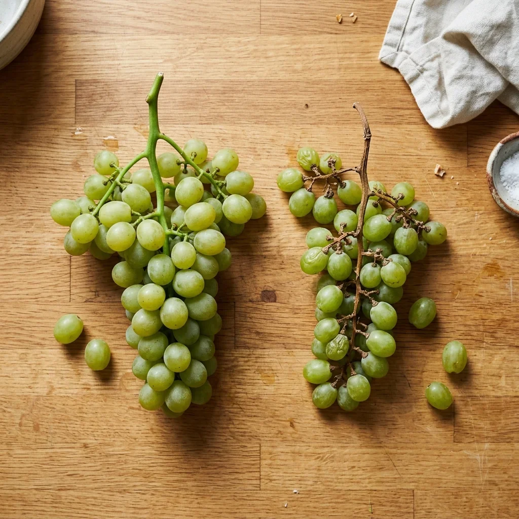 How to store Grapes - Two bunches of green grapes side by side, one with green stems and one with brown, brittle stems.