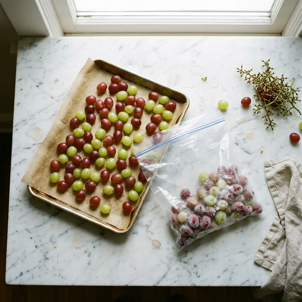 How to store Grapes - Green and red grapes spread one layer deep on a tray beside a plain freezer bag.