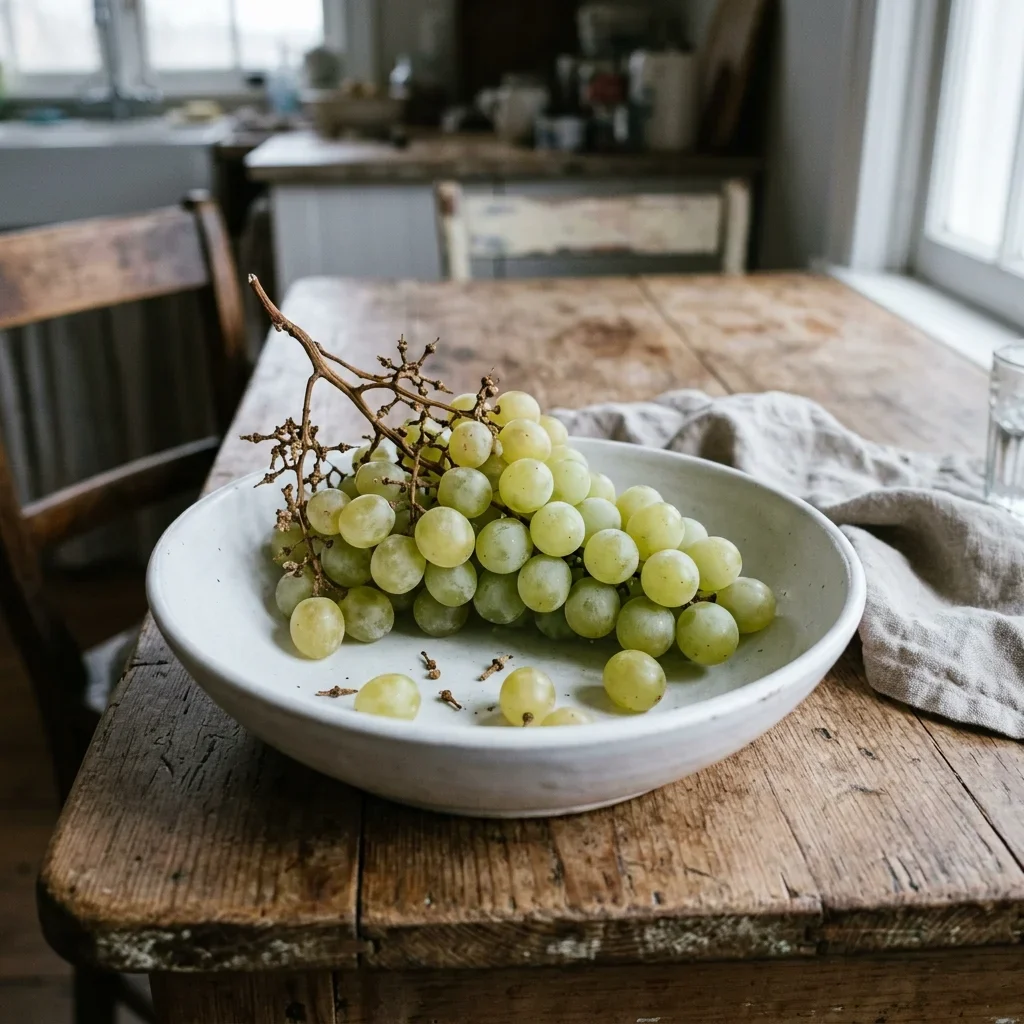 How to store Grapes - A bunch of green grapes in a white bowl, the stems gone brown and dry while the berries stay firm.