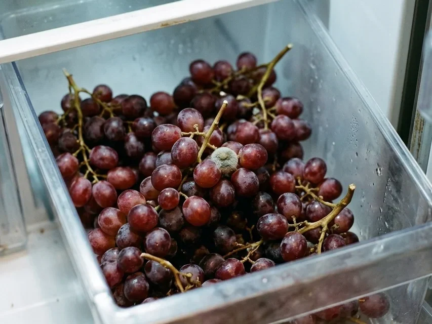 How to store Grapes - Red grapes in a fridge drawer, one berry near the stem carrying a small patch of grey fuzzy mold.