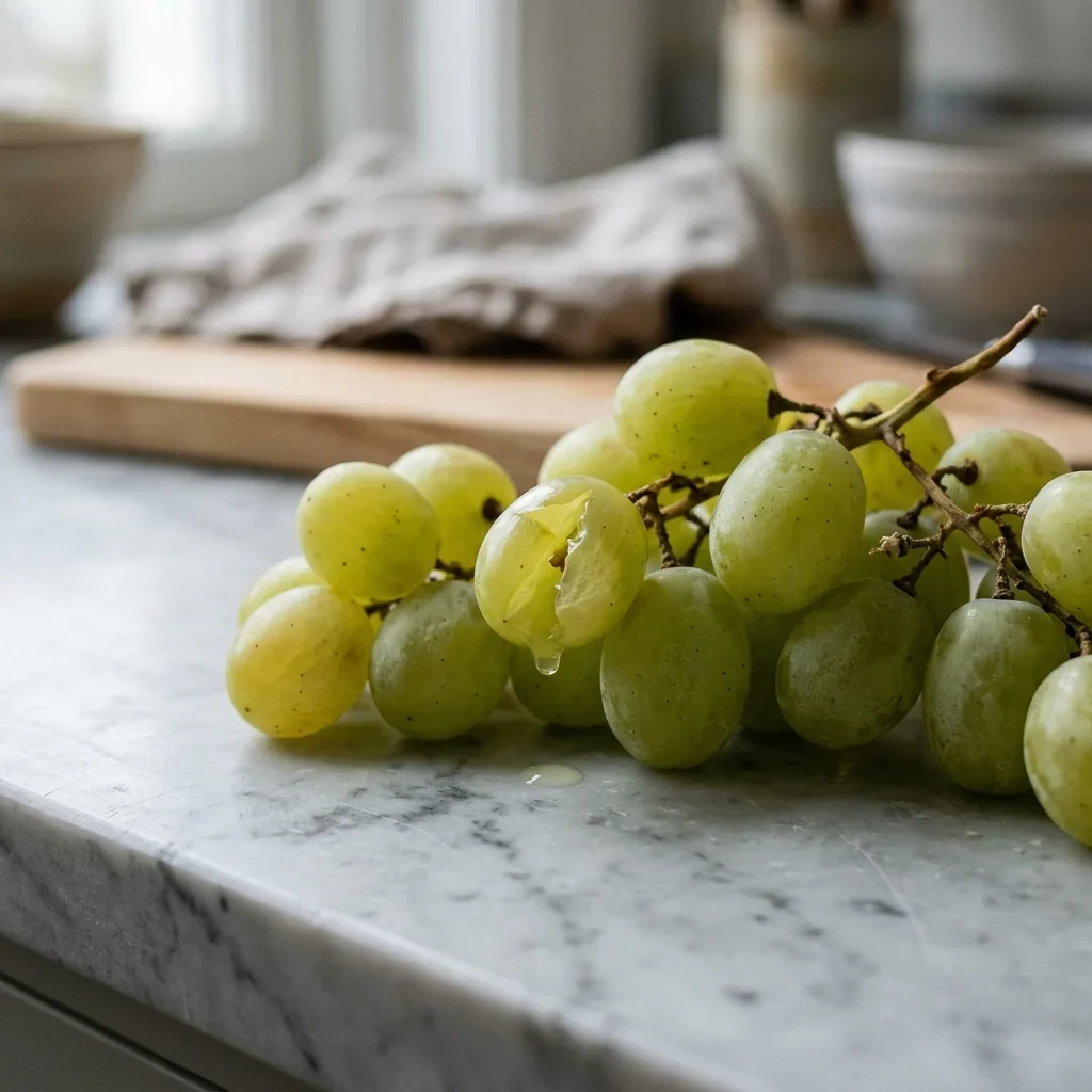 How to store Grapes - A bunch of green grapes with one berry split open and a drop of juice leaking onto the counter.
