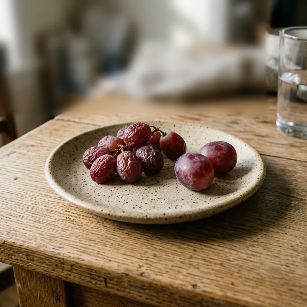 How to store Grapes - Several wrinkled, softening grapes on a plate beside two firm ones.