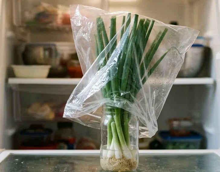 A jar of green onions stood in water in the fridge, one way to store green onions for a week.