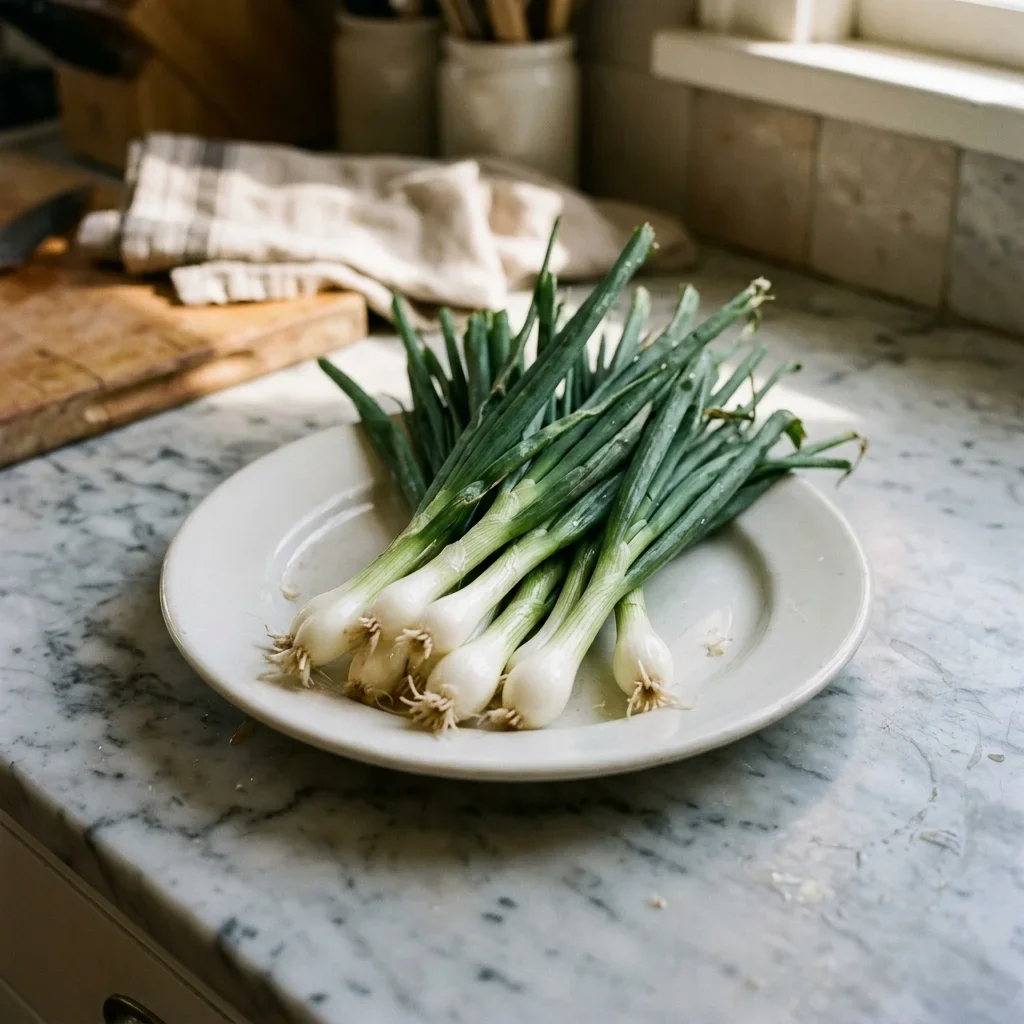 A bunch of green onions with firm upright dark green tops and clean white ends on a plain plate.